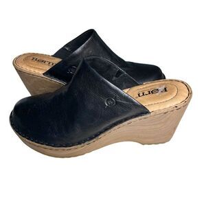 BORN Natalie Black Leather Clog Comfort Shoes Wedge Platform Womens Size 8 M